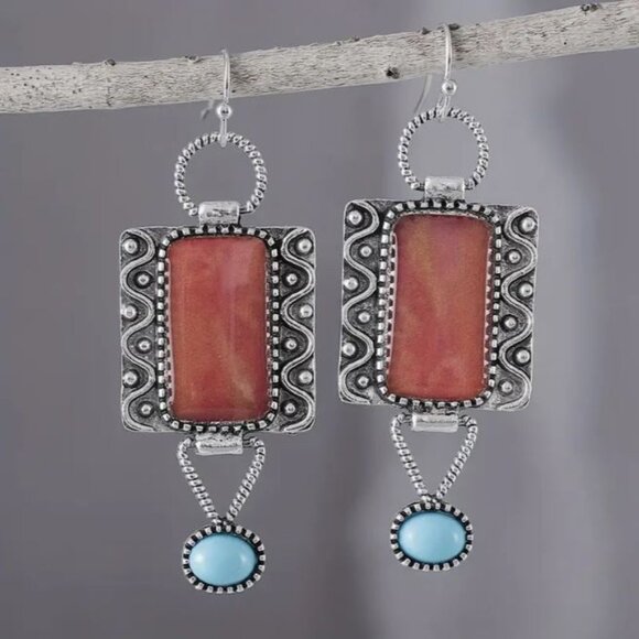 NEW Sharlene Southwestern Silver Plated Turquoise Drop Earrings - Picture 1 of 4